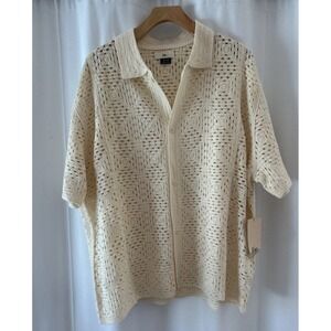 Esc Mens XL Crochet Knit Button Down Shirt Cream Short Sleeve Open Weave Polo
